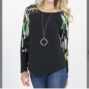 Black & Lime Geometric Raglan Top
